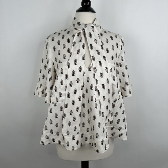 NWT Banana Republic‎ Viscose Linen Tie Neck Top SMALL Block Print Relaxed Blouse - Picture 4 of 17